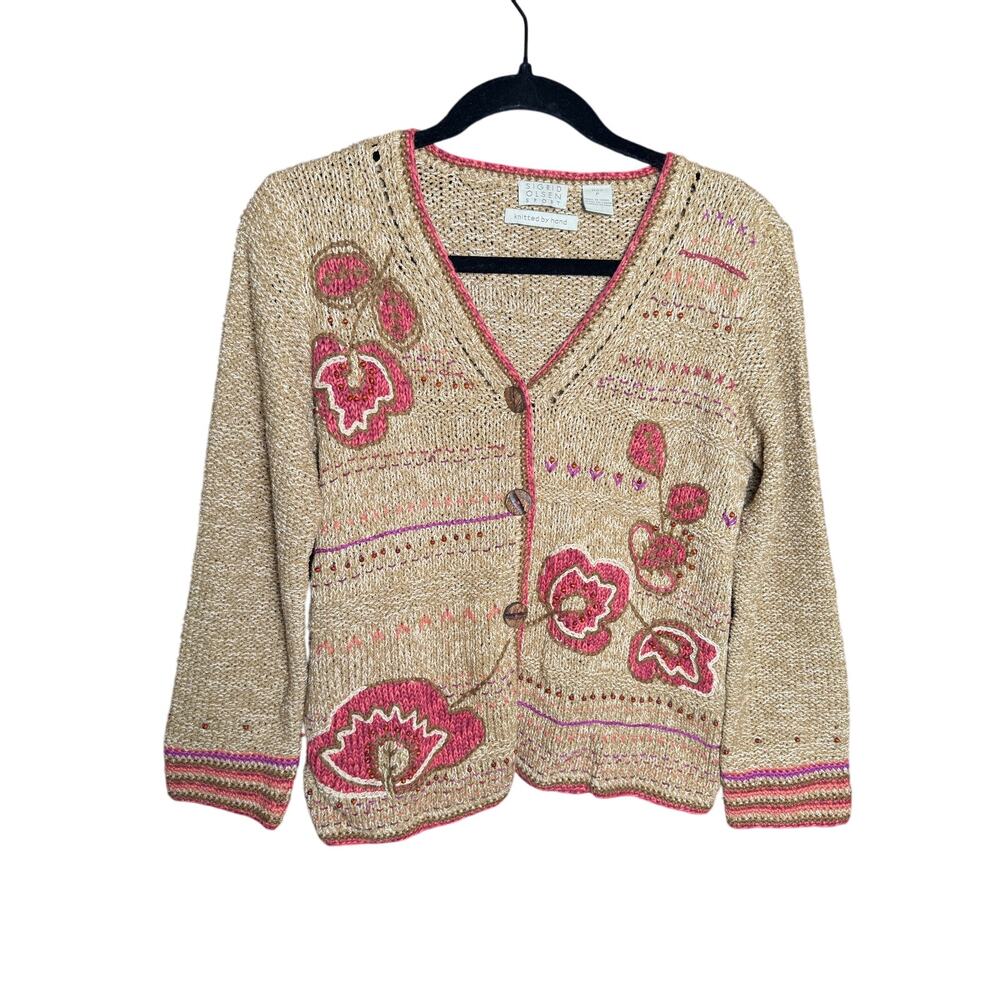 Sigrid Olsen Sport Hand Knit Floral Cardigan Silk Embroidery Boho Artsy Sweater